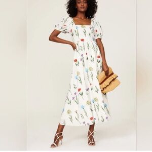 Slate & Willow White Floral Lively Garden Print Puff Sleeve Maxi Dress M *Flaw*